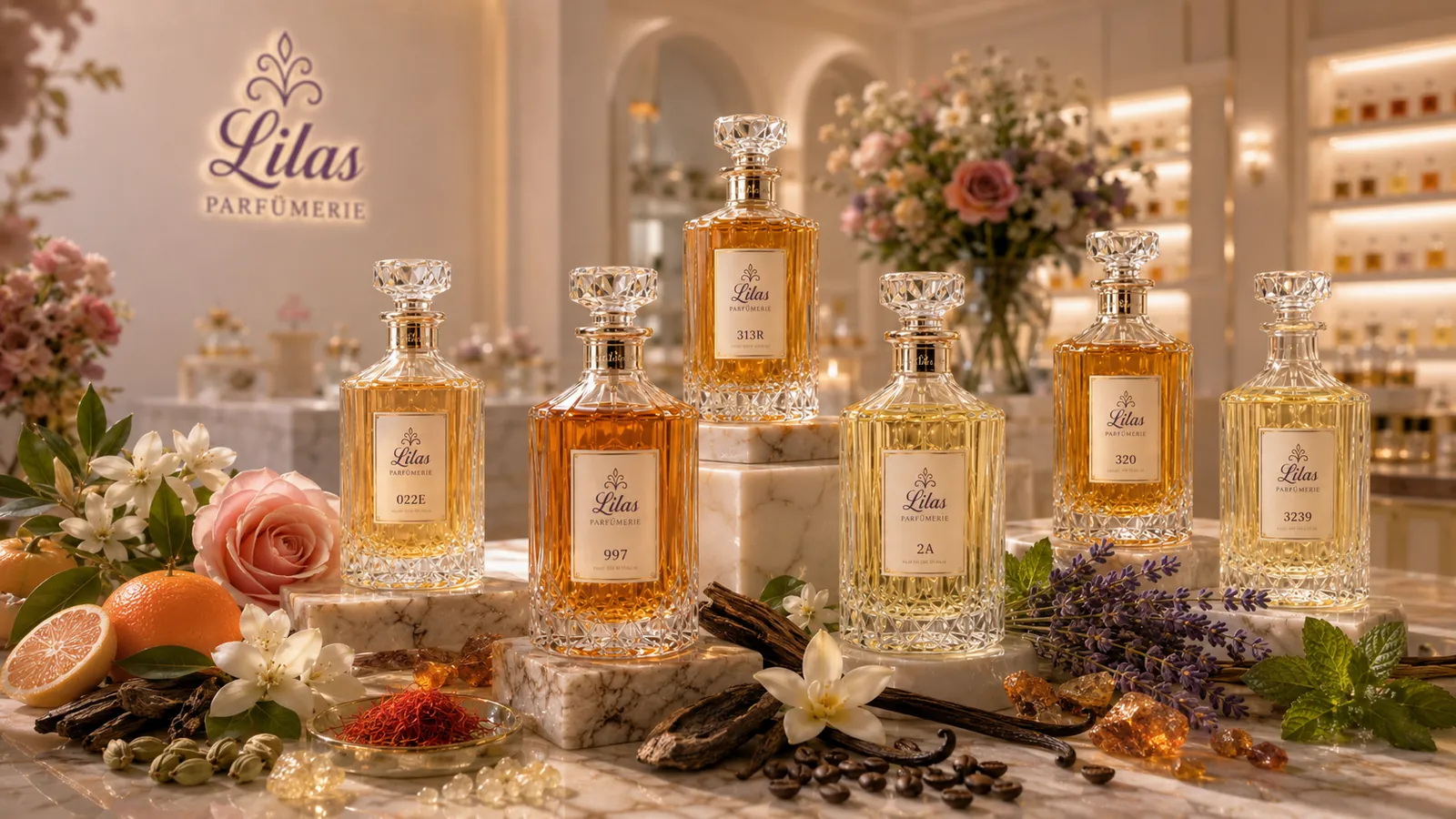 Lilas Karaffen mit Duftnummern im Boutique